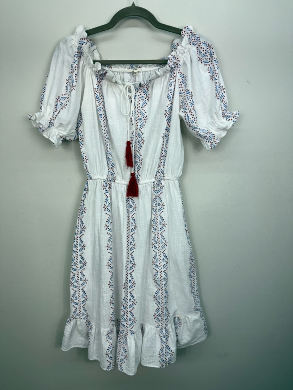 White Ruffled Midi Peasant Bohemian Cotton Dress with Red Tassels One Size (S-M)